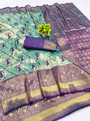 light mint green zari woven kanjivaram silk blend saree with blouse 1