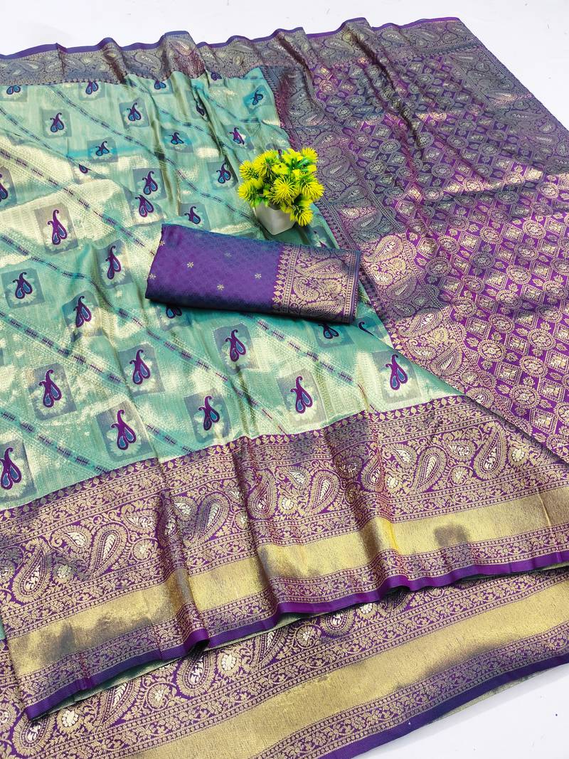 light mint green zari woven kanjivaram silk saree with blouse