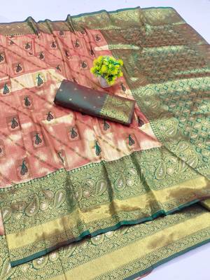 light orange zari woven kanjivaram silk blend saree with blouse 1