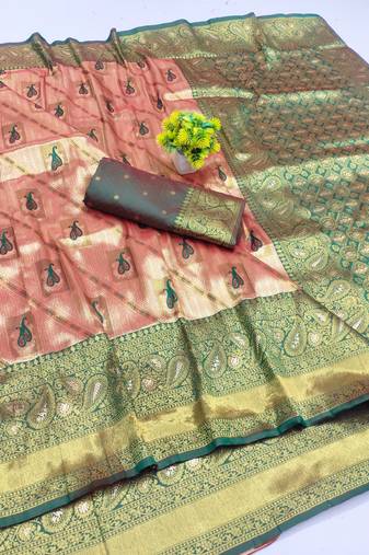light orange zari woven kanjivaram silk saree with blouse