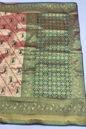 light orange zari woven kanjivaram silk blend saree with blouse