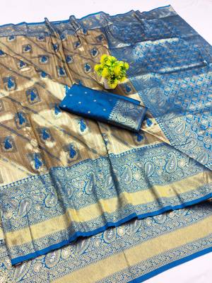 light beige zari woven kanjivaram silk blend saree with blouse 1