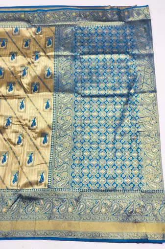 light beige zari woven kanjivaram silk blend saree with blouse