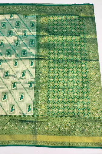 light silvery green zari woven kanjivaram silk blend saree with blouse