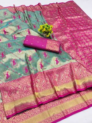 light mint green zari woven kanjivaram silk blend saree with blouse 1