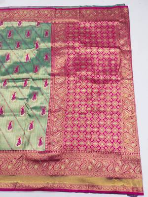light mint green zari woven kanjivaram silk blend saree with blouse 3