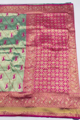 light mint green zari woven kanjivaram silk blend saree with blouse
