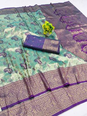 light mint green zari woven kanjivaram silk blend saree with blouse 1