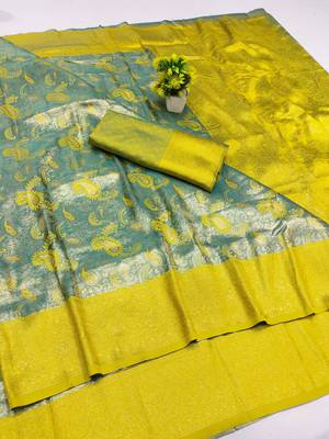 lemon zari woven kanjivaram silk blend saree with blouse 1