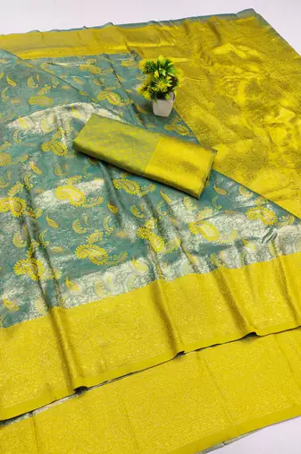 lemon zari woven kanjivaram silk saree with blouse