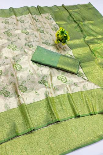 light silvery green zari woven kanjivaram silk saree with blouse
