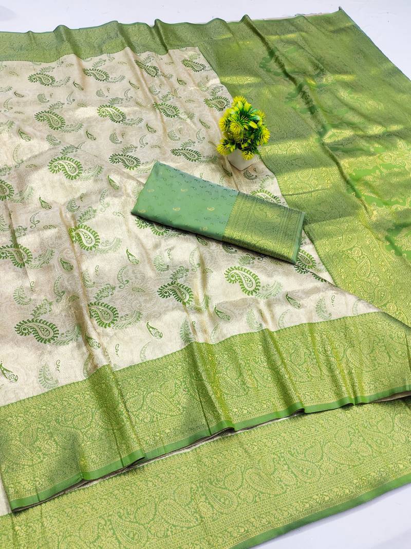 light silvery green zari woven kanjivaram silk saree with blouse