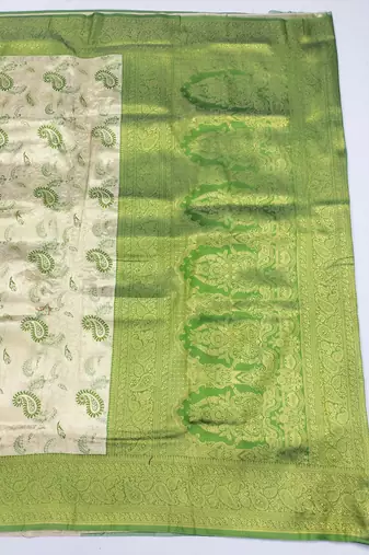 light silvery green zari woven kanjivaram silk blend saree with blouse