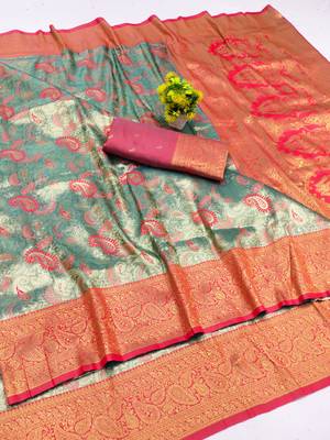 light orange zari woven kanjivaram silk blend saree with blouse 1