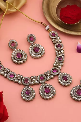 Rani color kundan necklace set