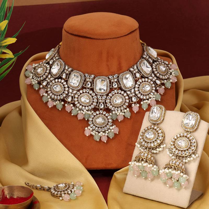 Pista green & pink color kundan necklace set