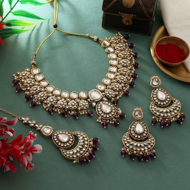 Purple color kundan necklace set