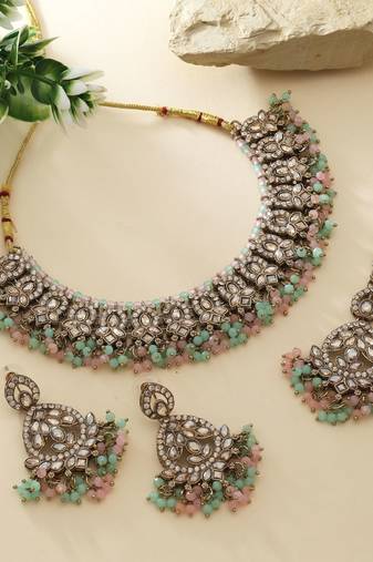 Pista green & pink color kundan necklace set