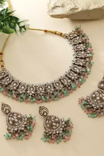 Pista green & pink color kundan necklace set
