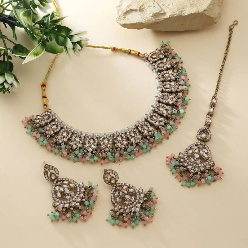 Pista green & pink color kundan necklace set