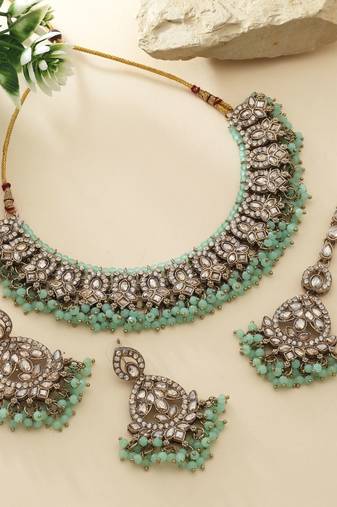 Pista green color kundan necklace set