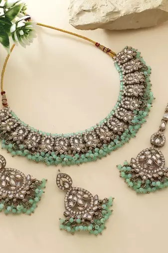 Pista green color kundan necklace set