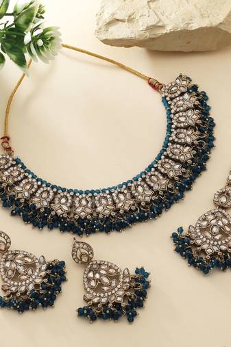 Navy blue color kundan necklace set