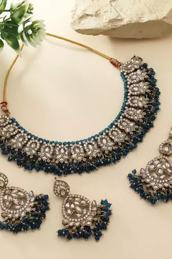 Navy blue color kundan necklace set