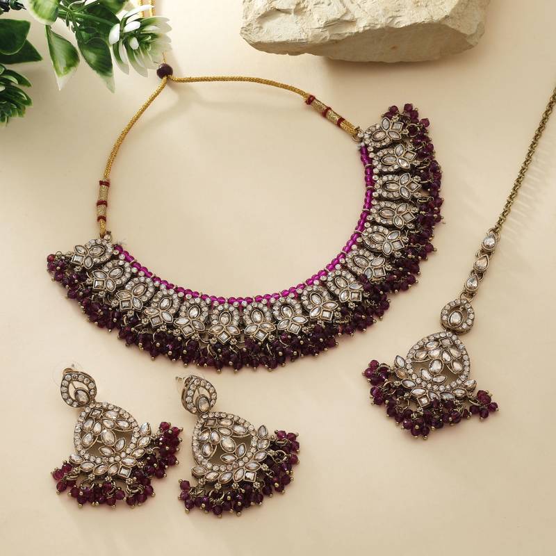 Purple color kundan necklace set
