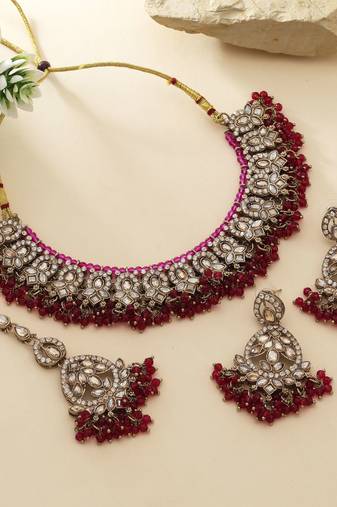 Rani color kundan necklace set