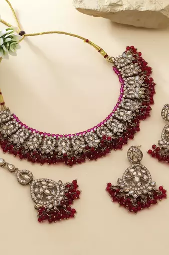 Rani color kundan necklace set