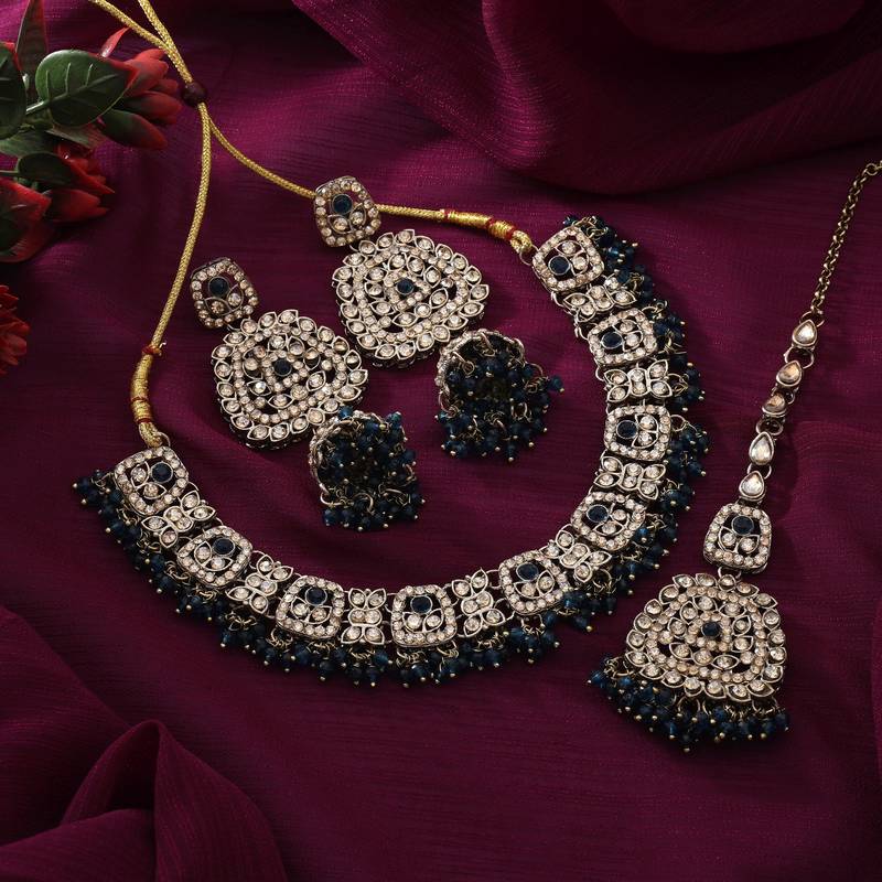 Navy blue color kundan necklace set