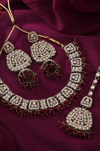 Rani color kundan necklace set