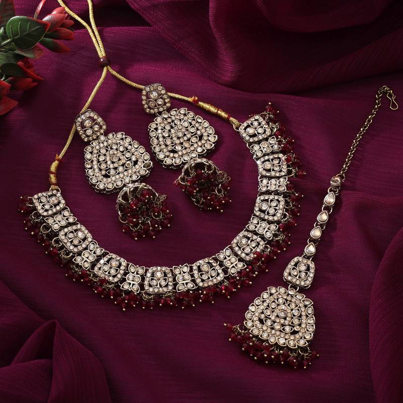 Rani color kundan necklace set