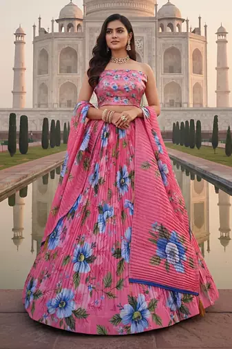 Elegant Satin Pleated Digital Print Lehenga with Blouse & Dupatta | Premium Party Wear | With Cancan Attached