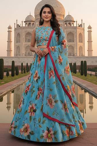 Elegant Satin Pleated Digital Print Lehenga with Blouse & Dupatta | Premium Party Wear | With Cancan Attached