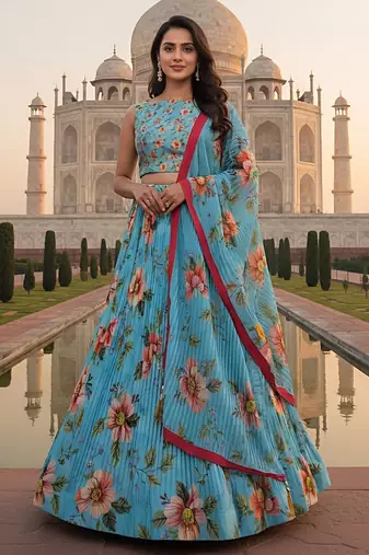 Elegant Satin Pleated Digital Print Lehenga with Blouse & Dupatta | Premium Party Wear | With Cancan Attached