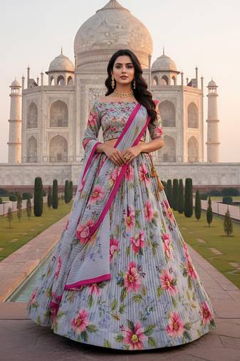 Elegant Satin Pleated Digital Print Lehenga with Blouse & Dupatta | Premium Party Wear | With Cancan Attached