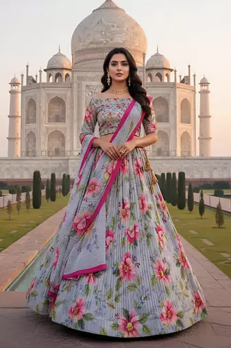 Elegant Satin Pleated Digital Print Lehenga with Blouse & Dupatta | Premium Party Wear | With Cancan Attached