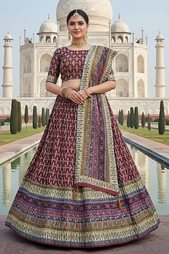 Elegant Satin Pleated Digital Print Lehenga with Blouse & Dupatta | Premium Party Wear | With Cancan Attached
