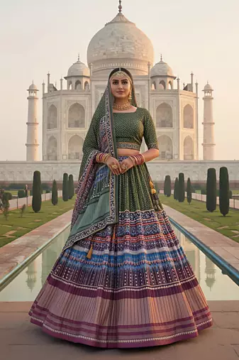 Elegant Satin Pleated Digital Print Lehenga with Blouse & Dupatta | Premium Party Wear | With Cancan Attached