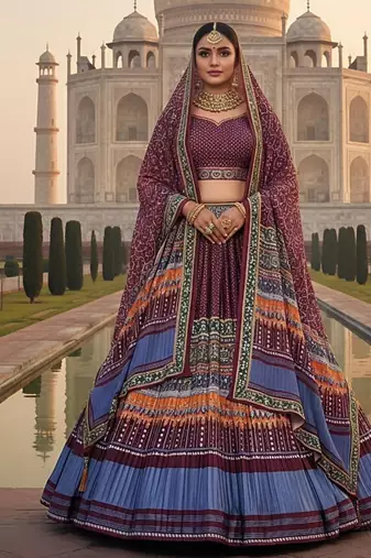 Elegant Satin Pleated Digital Print Lehenga with Blouse & Dupatta | Premium Party Wear | With Cancan Attached