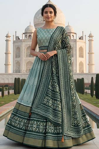 Elegant Satin Pleated Digital Print Lehenga with Blouse & Dupatta | Premium Party Wear | With Cancan Attached