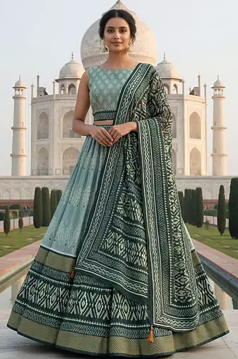 Elegant Satin Pleated Digital Print Lehenga with Blouse & Dupatta | Premium Party Wear | With Cancan Attached