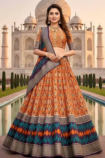 Elegant Satin Pleated Digital Print Lehenga with Blouse & Dupatta | Premium Party Wear | With Cancan Attached