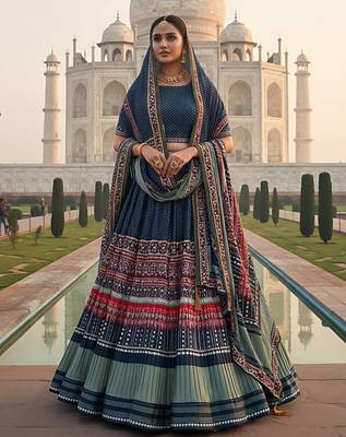 Elegant Satin Pleated Digital Print Lehenga with Blouse & Dupatta | Premium Party Wear | With Cancan Attached 1