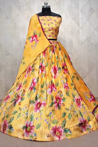 Elegant Satin Pleated Digital Print Lehenga with Blouse & Dupatta | Premium Party Wear | With Cancan Attached
