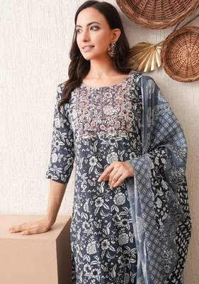 Maroon embroidered chikankari  pure cotton grey straight kurta pant dupatta set 1
