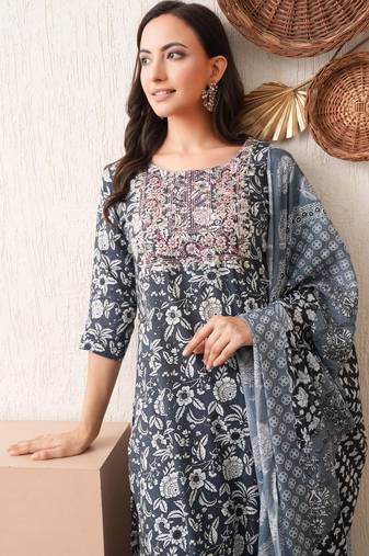 Maroon embroidered chikankari  pure cotton grey straight kurta pant dupatta set