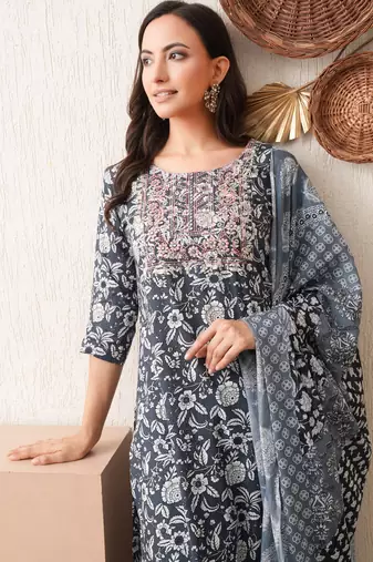 Maroon embroidered chikankari  pure cotton grey straight kurta pant dupatta set